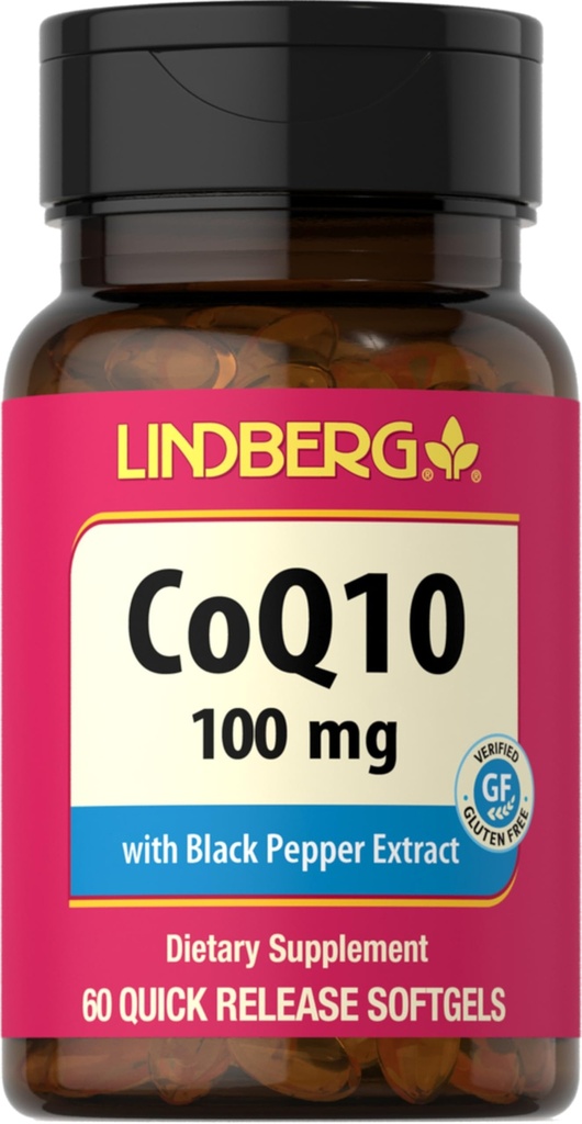 Lindberg CoQ10 100mg Softgeels 124; 60 Count 124; Koenzim Q10 Suplemen untuk Perempuan dan Pria 124; dengan Pepper Hitam Ekstrak 124; Non-GMO, Gluten Bebas