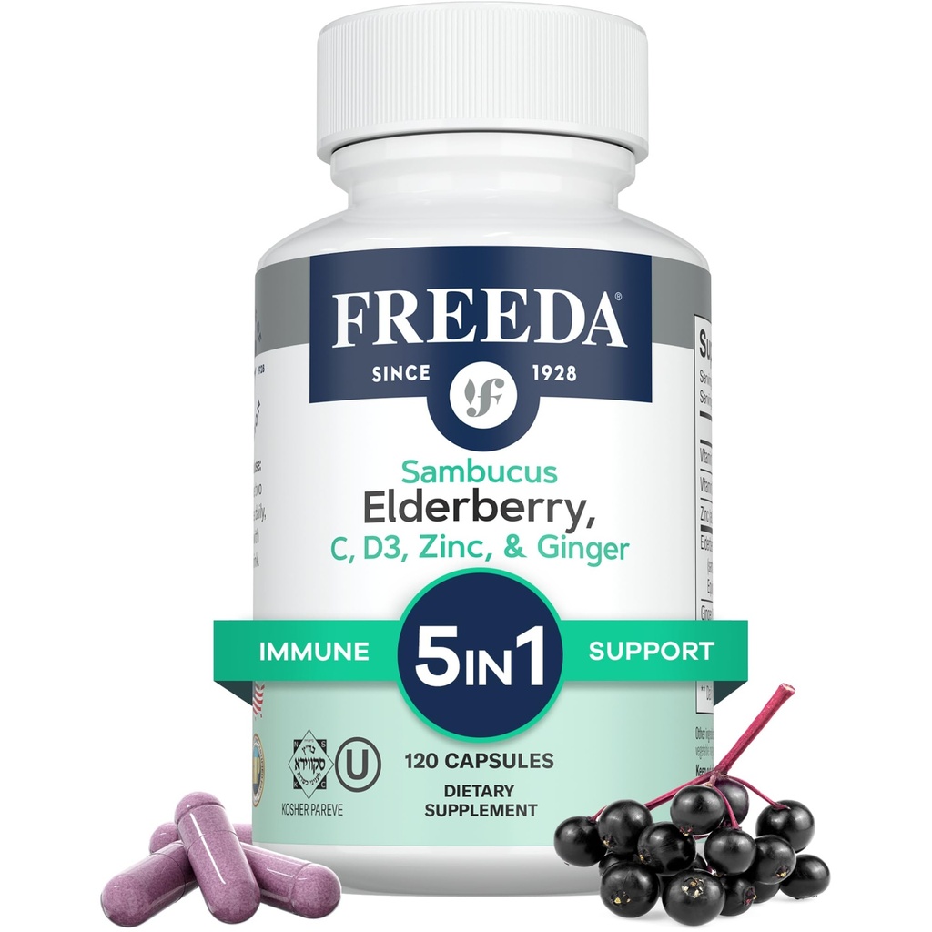 FREEDA Sambucus Elderberry dengan Vitamin C, Zinc, Vitamin D3 & Ginger - 5 dalam 1 Herbal Antioksidant Supplemen Perempuan & Men - Gluten Free Adult Capsules, USA Made (120 Count)