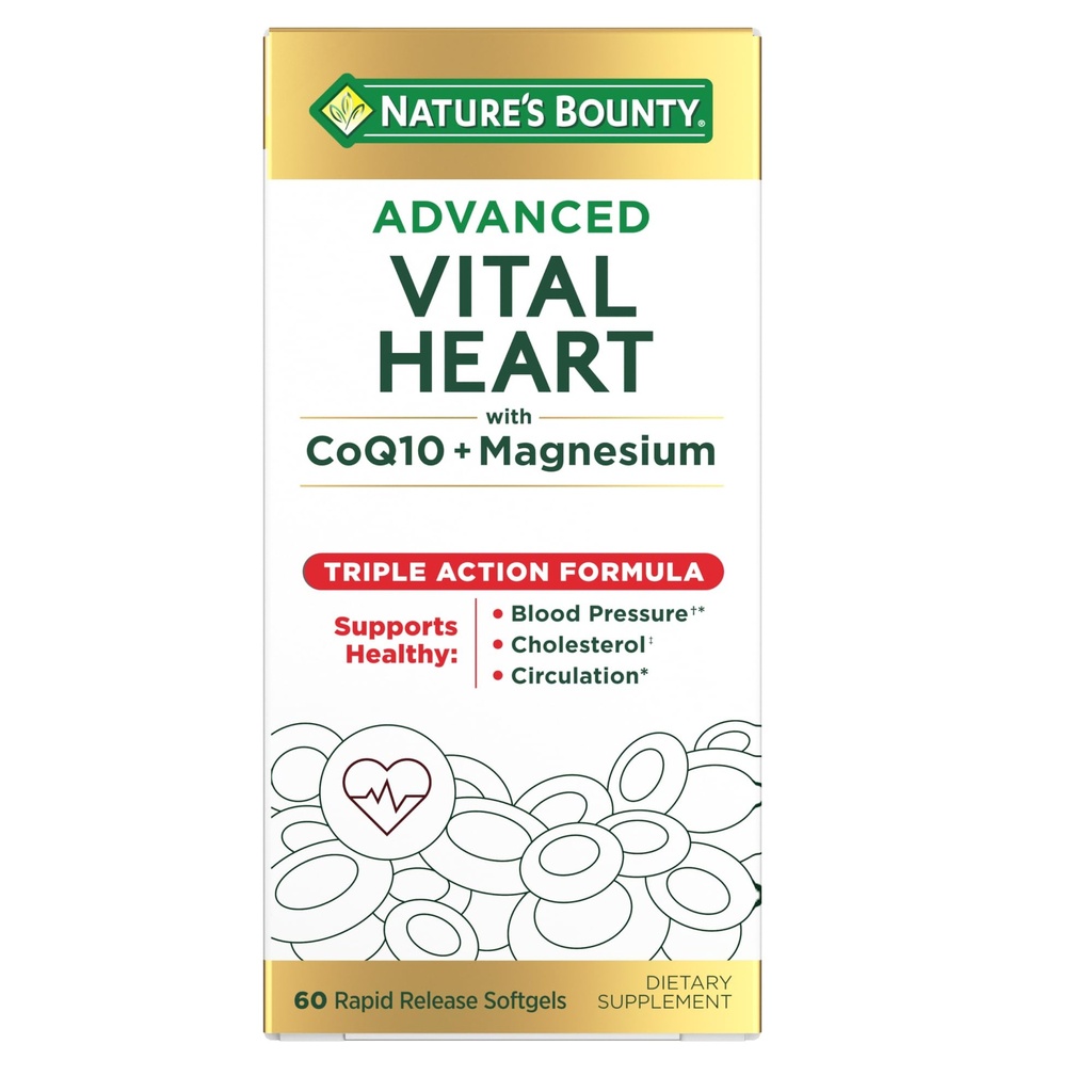 Nature 's Bounty Advanced Vital Heart dengan CoQ10 + Magnesium, Antioksidant, Mendukung Tekanan Darah Sehat, Cholesterol, Sirkulasi, Triple Action Formula, CoQ10, Magnesium Suffel 60