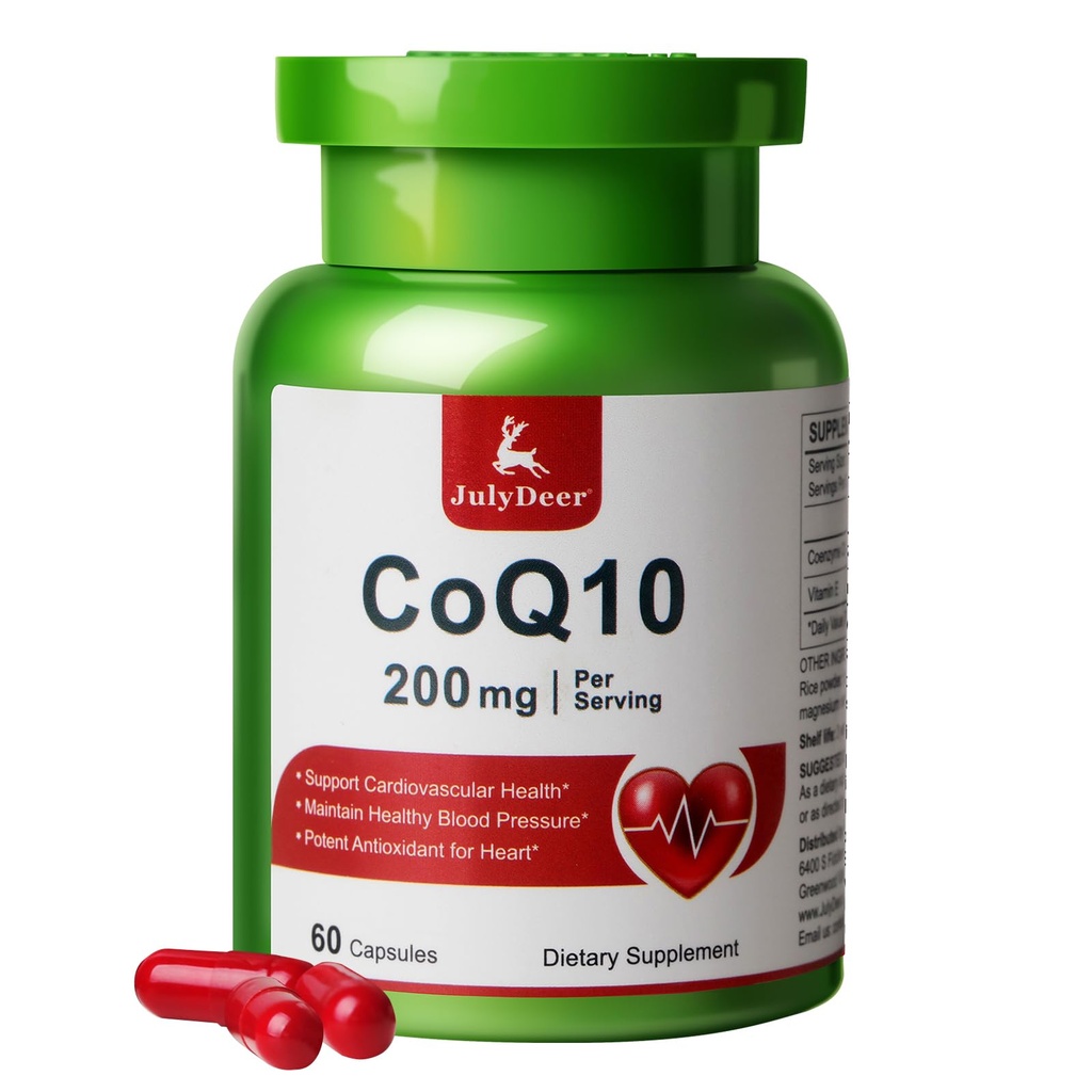 JulyDeer CoQ10 200mg dengan Vitamin E 20mg, Absorpsi Tinggi Koenzim Q10 Dukungan untuk Heart, Energy, Overall Supplemen 60 Kasules