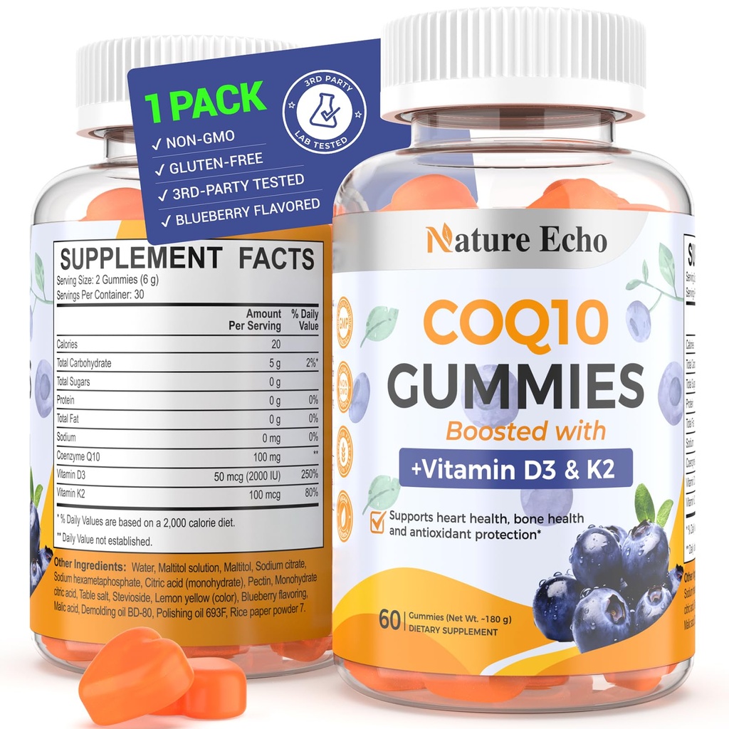 Nature Echo ® CoQ10 Gummies 100mg, CoQ10 Suplemen dengan Vitamin D3 & K2, Koenzim Q10 Suplemen Flavor Blueberry, Sugar Free, Heart Health, Dukungan Bone & Antioksidant, Vegan, Non-GMO 60 Gummies
