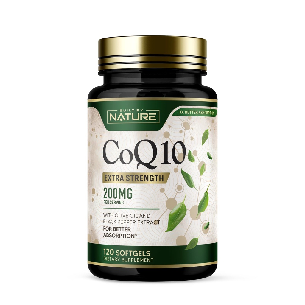 Dibangun oleh Nature CoQ10 200 mg - Koenzim Q10 dengan Olive Oil dan Black Pepper untuk Absorpsi Tinggi - Mendukung Kesehatan & Energi - Suplemen Antioksidan- 2 Pasokan Bulan, 120 Softgels