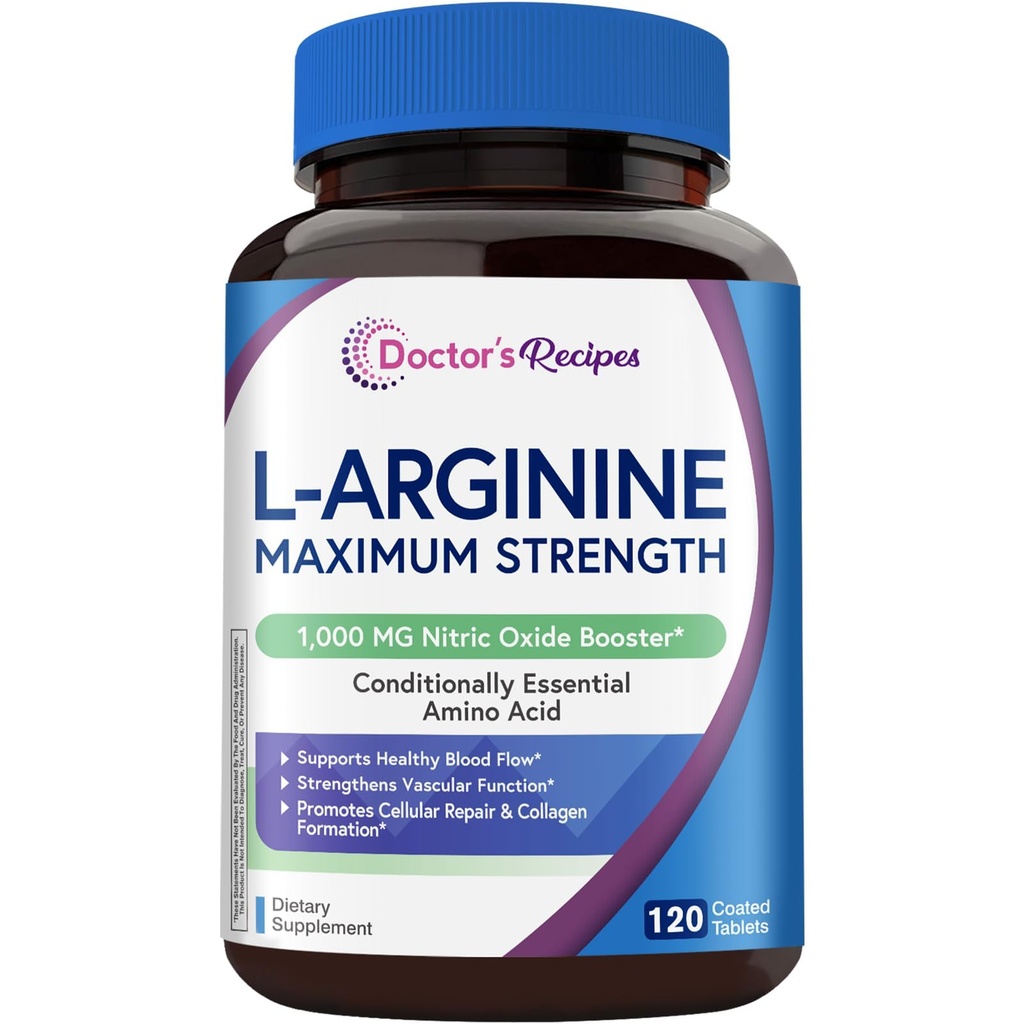 Doctor 's Recips L- Arginine 10000mg, Maximum Dose, Nitric Oxide Production, Blood Flow and Vascular Fungsi, Endurance and Workout Dukungan untuk Pria dan Wanita, 120 Tablets Coated