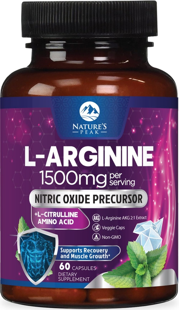 Kompleks L-Arginine - Ekstra Kekuatan Nitric Oxide Booster Suplement - Premium Energy Blend for Natural Heart Health & Muscle Dukungan - Non-GMO, Dibuat untuk Pria & Perempuan, Botol USA - 60 Kapsul