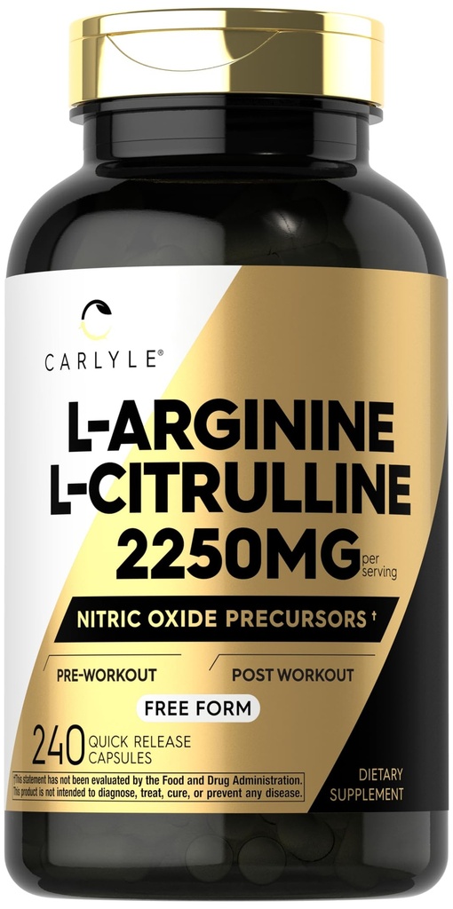 Carlyle L-Arginine L-Citrulline Tambahan 124; 2250mg 124; 240 Powsule Capsules 12.4; Nitric Oxide Preissor = 124; Free Form 124; Non-GMO & Gluten Free