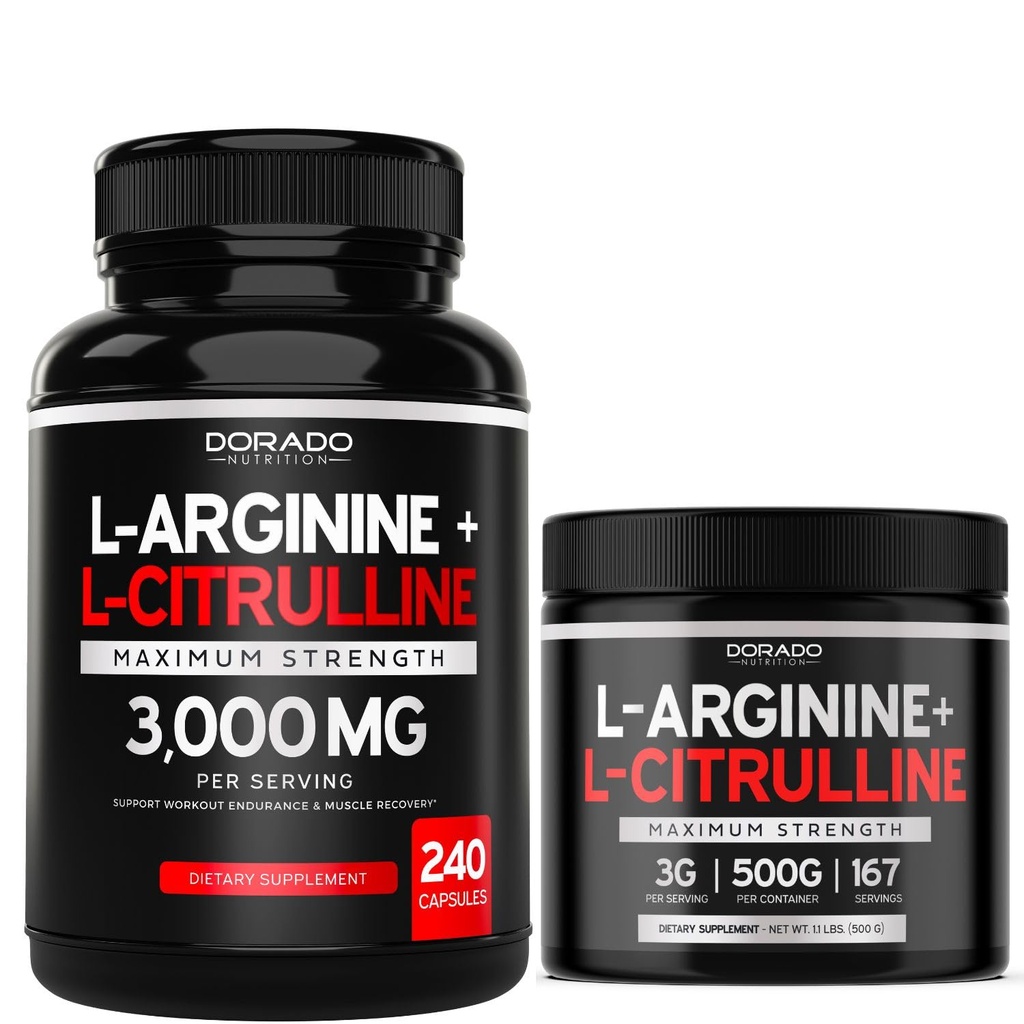 L Arginine L Citrulline (240 Count) - Nitric Oxide Pill untuk Stamina & Endurance dan L Arginine L Citrulline Powder (3g) - Nitric Oxide Booster Powder untuk Performance & Endumance - Vegan & USA Dibuat