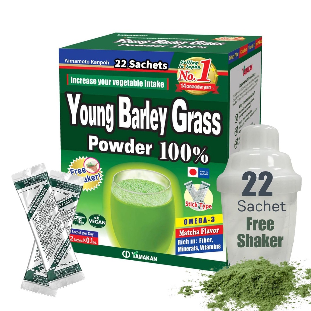 Yamamoto Kotoh YAMAKAN Barley Juice Powder, Young Barley Grass Powder Rich di Mineral, Vitamin & Pembangkit Protein untuk Perempuan & Pria, Grass Juice dari Jepang, Non GMO 22 Count