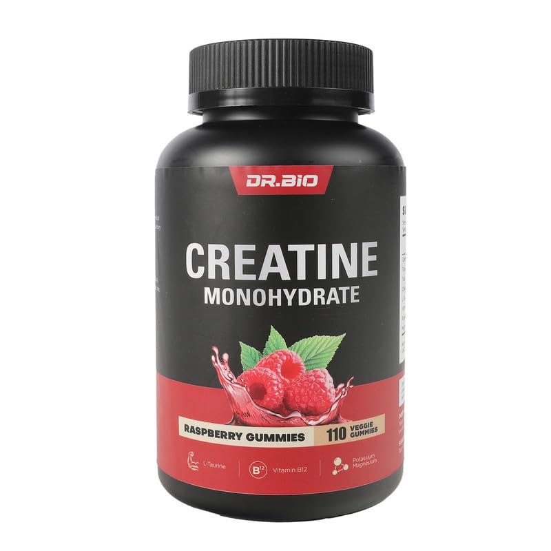 DR.BIO Creatine Monohydrate Gummies for Energy & Muscle, Pre- Workout Creatine for Women & Men with 5000mg Creatine, L-Taurine, B12, Mg dan K, Vegan, Red Raspberry, 110 Count