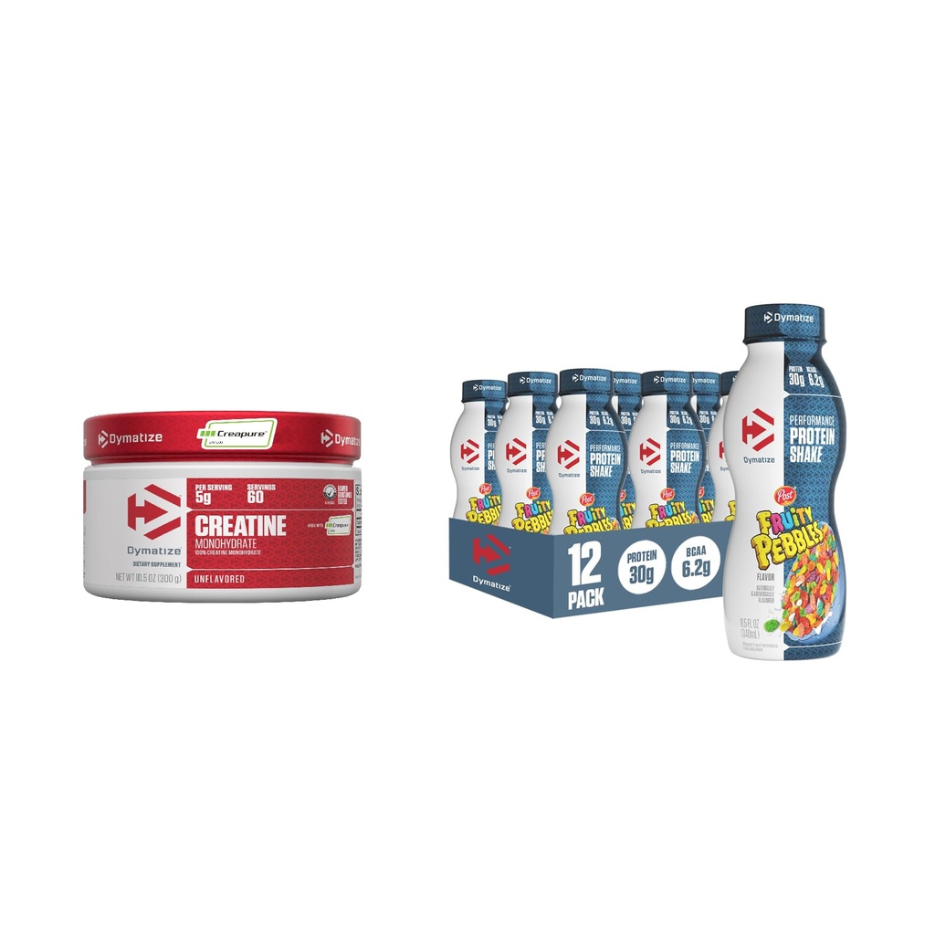 Bundle of Dymatize Performance Protein Shake, Fruity Pebbles (12 pack) + 100% Creatine Monohydrate dengan Creapure (60 Servis)