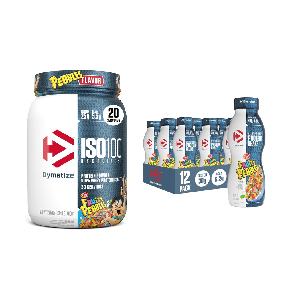 Bundle of dymatize Performance Protein Shake, Fruity Pebbles (12 pack) + ISO100 Wey Whein Powder Isolate, Fruity Pebbles (20 Servis)