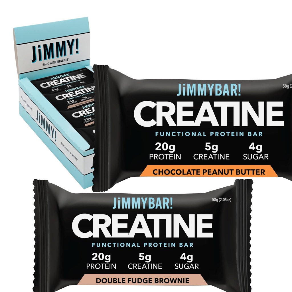 (NEW) JiMMYBAR! Creatine Protein Bar - 5g of Creatine Monohydrate + 20g Protein - High Protein Snack - Supports Muscle Growth, Strength & Recovery - Real Food Energy Bar for Athletes | 12 Chocolate Peanut Butter + 12 Fudge Brownie Variety Pack (24 Bars)