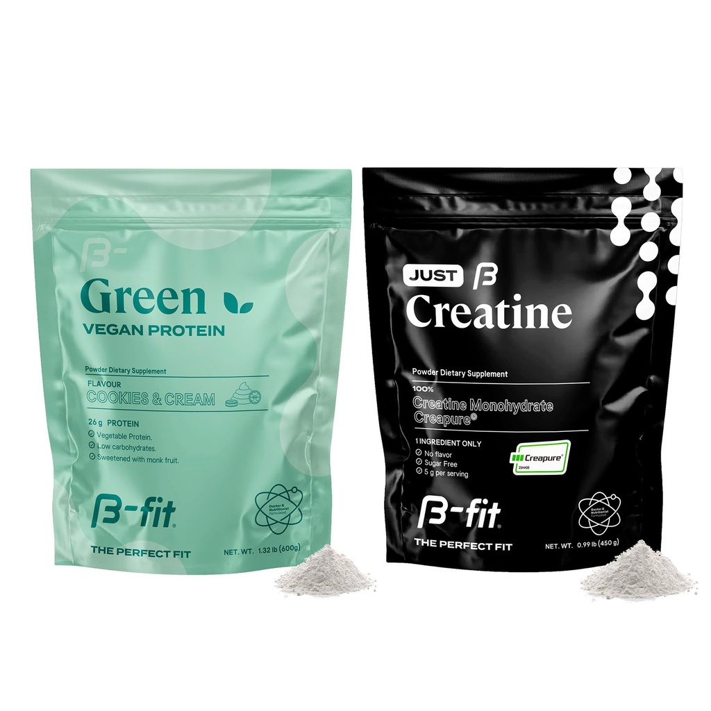 B-FIT B Vegan Protein + Just Creatine - Pea Protein Powder 600g - Plant Based Protein Shake - Creatine Monohydrate Powder - Creapure - 90 Pelayan - 450 g