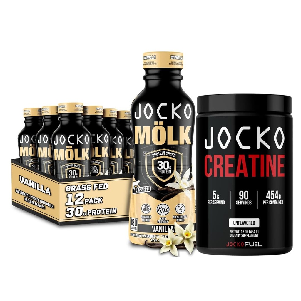 Jocko Mölk Grass Fed Protein Shakes - Siap untuk Minum (Paket 12) Vanilla + Jocko Creatine