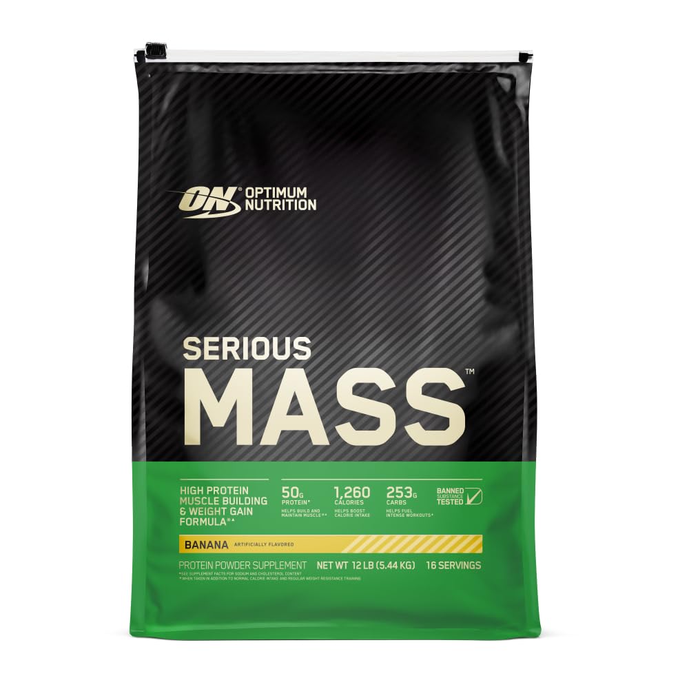 Optimum Nutition Seriously Mass, Weight Gainin Powder, Mass Gainer, Vitamin C dan Zinc for Immune Support, Creaktine, Banana, 12 Pound (Packaging May Vary)
