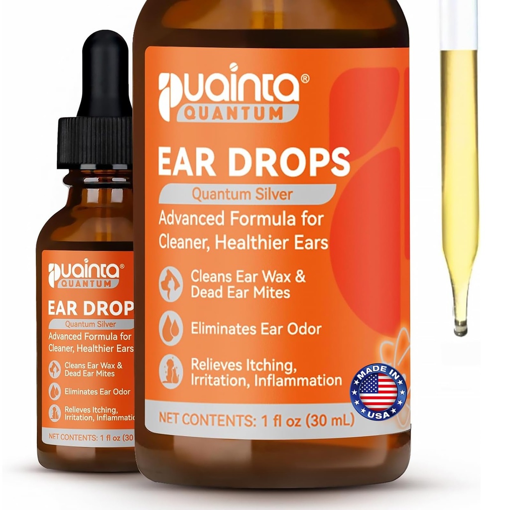 PUAINTA Dog Ear Cleaner, Natural Dog Ear Drops and Infeksi Treatment, Quantum Silver Dog Ear Cleaning Solution for Itching, Irritation & Wax Build- Up, 1oz