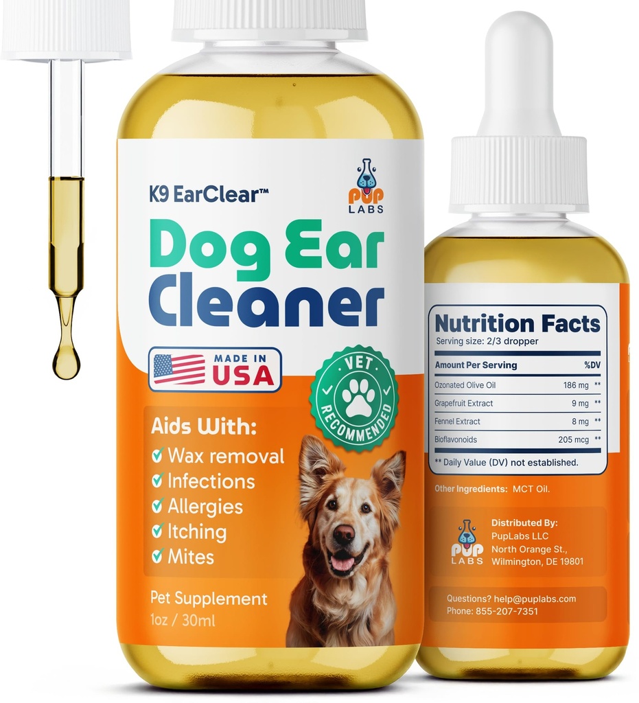 Pup Labs Ear Clear, Natural Dog Ear and Infeksi Treatment for Dogs, Dog Drops for Itching, Irritation, & Wax Build- Up, 1 oz Bottle with Dropper