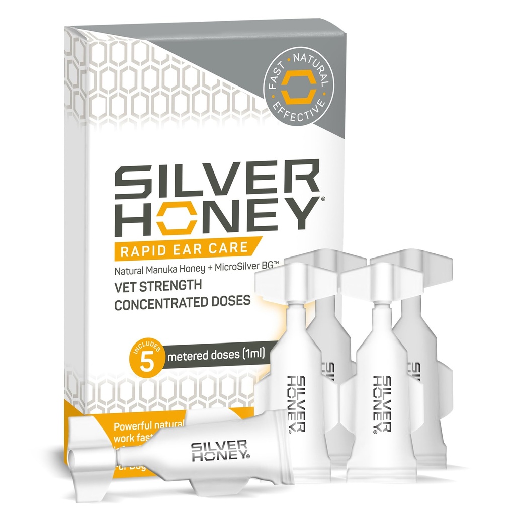 Absorbine Silver Honey Rapid Care Vet Stronged Deses, 5 Ear Drops for 10 Days on 1 Ear for Dogs & Cats, Medical Grade Manuka Honey & MicroSilver BG