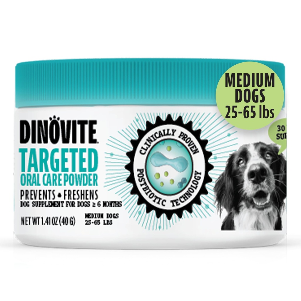 Dinovite Dog Dental Powder, Brush-Free Breath Freshener & Teeth Cleaning Dental Care Powder with Progetic & Postories, Oral Care Bad Breath Treatment, Medium Dogs, Made USA, 30 Day Suppply