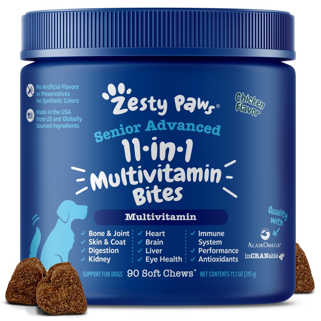Zesty Paws Senior Dog Multivitamin Treats - Glucosamine for Dogs + Digetical Enzymes & Progories - Grain Free Dog Vitamin dan Suplemen untuk Skin & Coat + Ammune Health Chicken - Advanced - 90ct