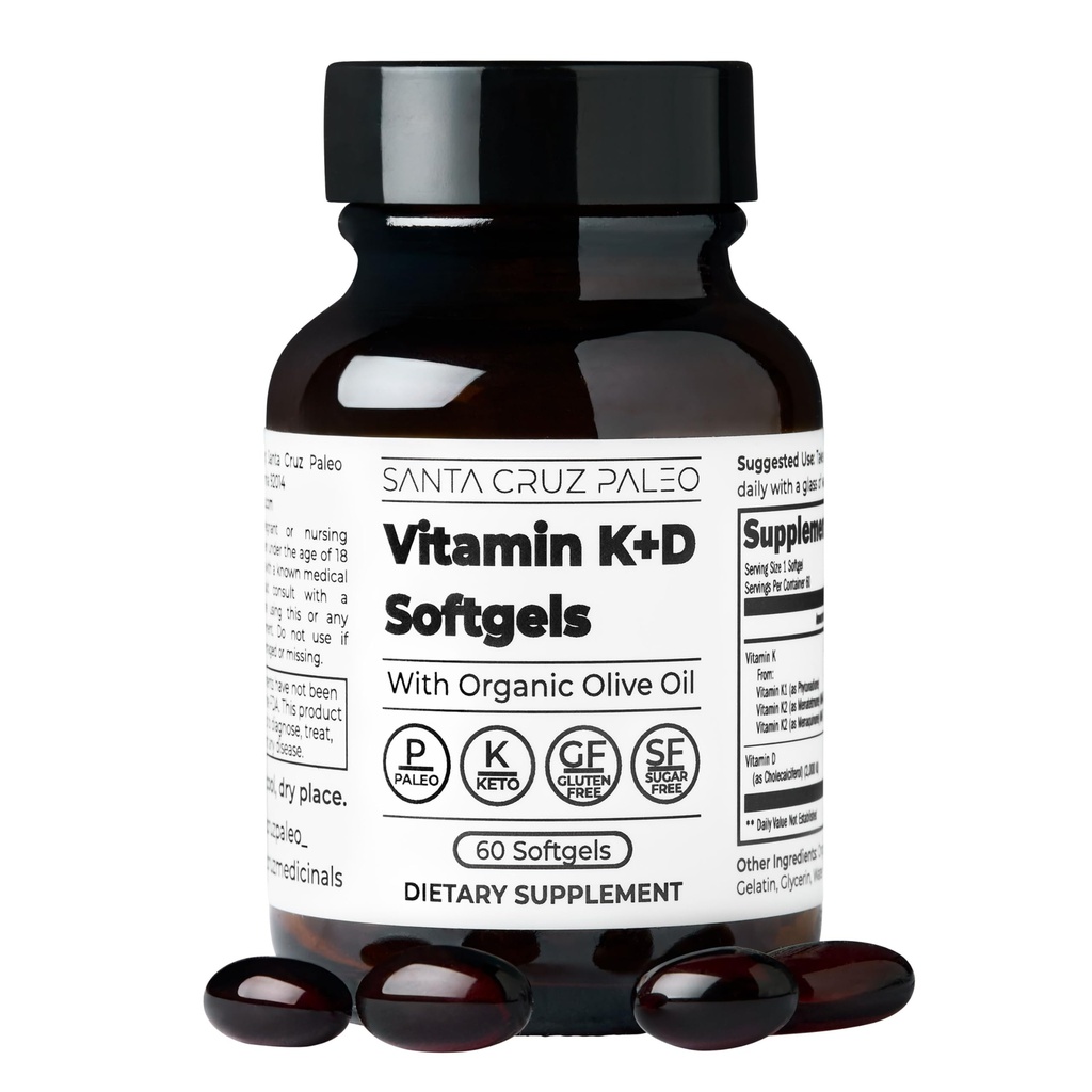Santa Cruz Paleo K2 + D3 Softgels, Daily Suplemen dengan Organic Olive Oil, termasuk Vitamin K1 & Two Forms of K2, Supports Heart & Bone Health, Gluten Free, Sugar Free, Paleo, Keto, 60 Count