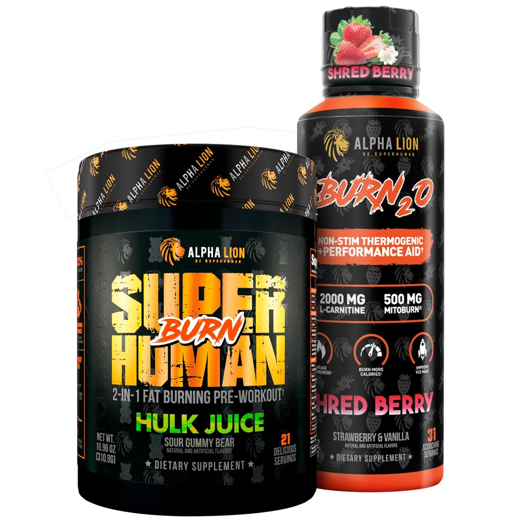 ALPHA LION Stubborn Fat Loss Stack - Superhuman Burn Pre Workout + Burn2O Liquid L- Carnitine 2000mg (ShredBerry) - 2- 1 Thermogenic Fat Burning Stack for Men & Women