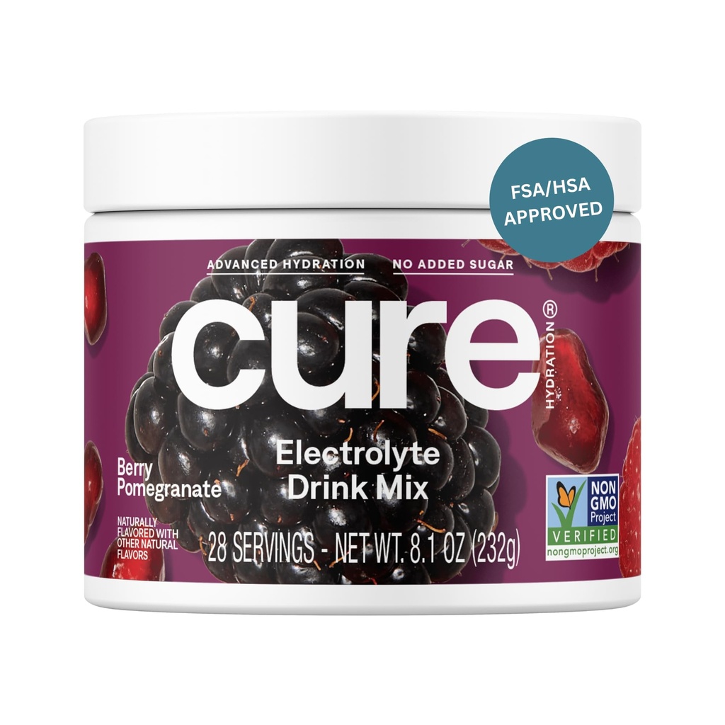 Cure Hidration 14; Plant - berbasis Electrolyte Drink Mix 124; No Added Sugar 14; FSA- HSA 124; Dehidrention Relief Pouder Made with Coconut Water 124; Non-GMO 124; Vegan 124; 28 Servings Jar - Berry Pstageate