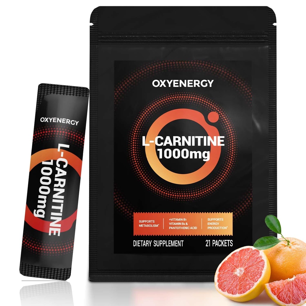 OxyEnergy Liquid L- Carnitine Suplement 1000mg - Lembut untuk Penggunaan Harian, Zero Calorie, Sugar- Free, Free Fat Burning & Endurance Booster, 21 On-the Individual Liquid Sticks