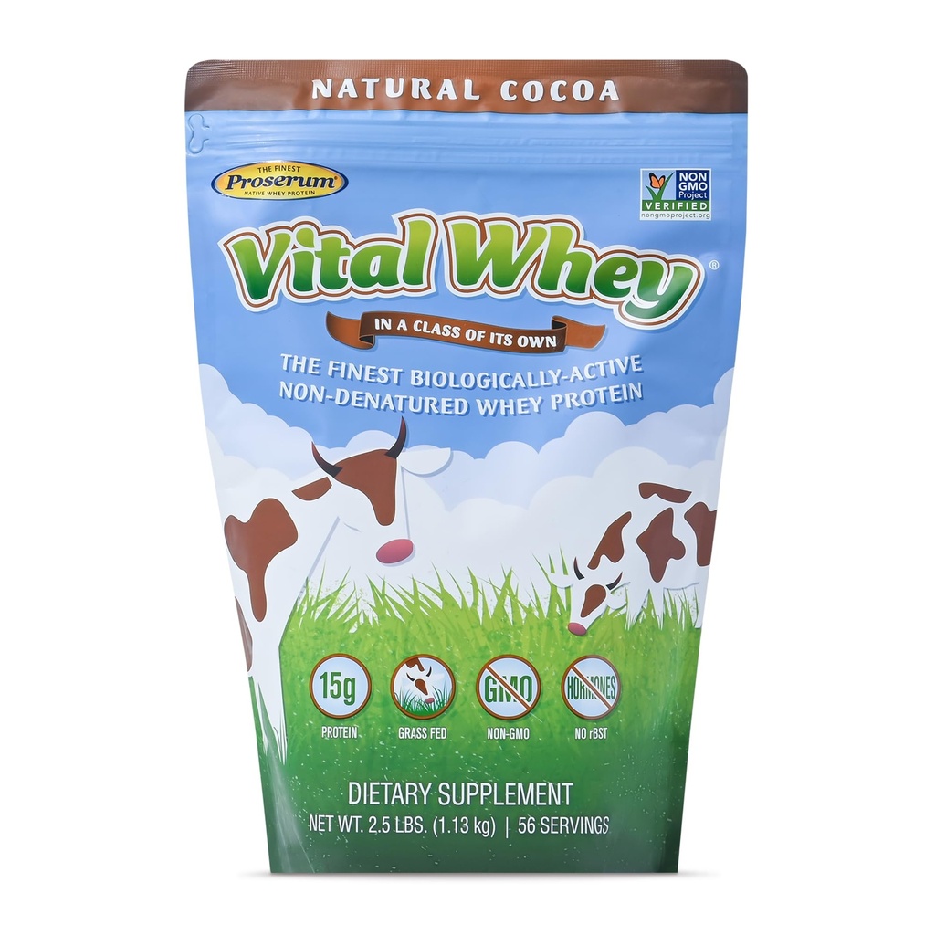 Grass- Fed Whey Protein Powder for Immune Vitalitas, Natural Cocoa 2.5lbs (56 Servis), 15g Protein Per Servis, Vital Whey, Clean Holistic, Wellness Nutition