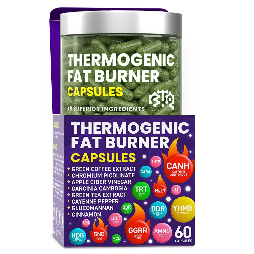 Thermogenic Fat Burner Capsules - Weight Loses Pills for Women & Men, Appetite Supresan, Metabolism Booster - Green Tea, Coffee Extract, Garcinia Singhigia - Diet Pills for Wheight Loss - 60 Capsules