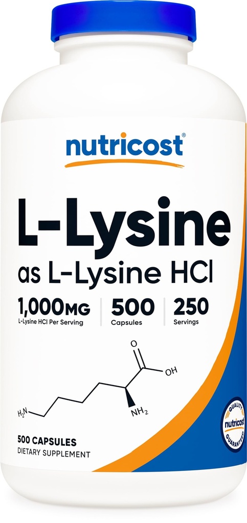 Nutricost L-Lysine 100mg Per Serving, 250 Serving, 500 Kapsul - Gluten Free, Non-GMO, 500mg Per Capsule