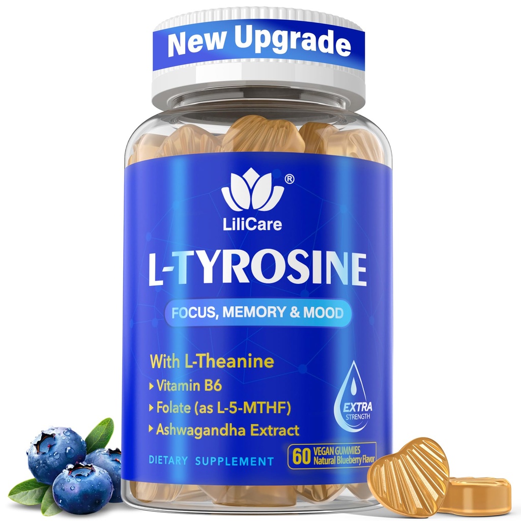 L Tyrosine Focus Supplement Gummies 11100 mg untuk Orang dewasa, Suplemen Otak untuk Memori dan Fokus, L-Tyrosine Gummies dengan Ashwagandha, I- Theanine untuk Tenang & Mood - Vitamin B6 & B9 untuk Energi- Vegan, 60
