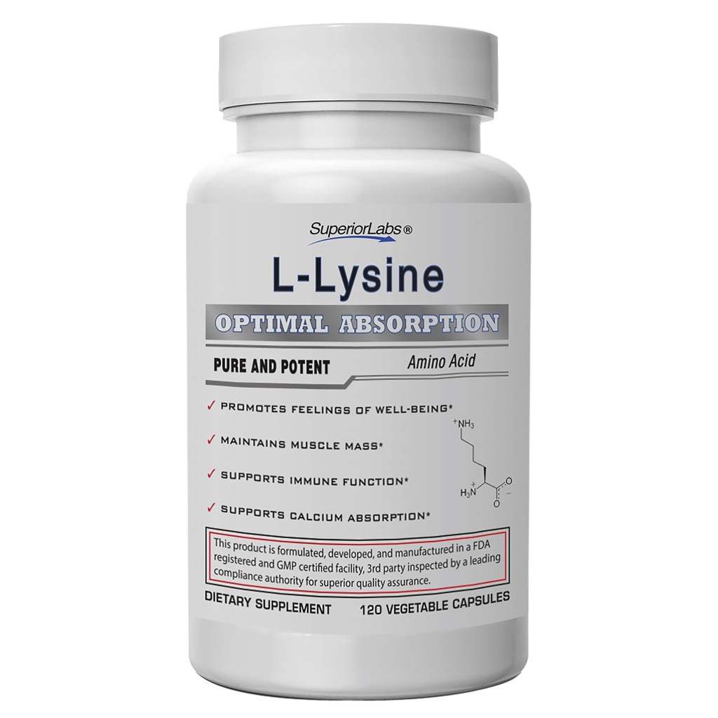 Lab Superior L-Lysine 500 mg Capsules, Murni Non-GMO, Third- Party Tested, Tidak Pemberani, Gluten Bebas, Mendukung Sistem Imune, Promemasuki Absorpsi Calcium, 120 Caps