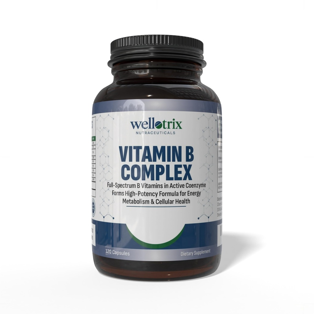 Wellotrix Advanced B-Complex - Full Spectrum of 8 Estible B Vitamins (B1, B2, B5, B6, B9, B12) dalam Bentuk Koenzim Aktif - Mendukung Metabolisme Energi & Cellular Kesehatan - 120 Capsules