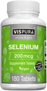 Selenium 200 mcg Tambahan, 180 Vegan Tablet untuk Sistem Imune, Thyroid, Prostate and Heart Health *, Organik, Natural & Gluten Free Trace Mineral Without Additives