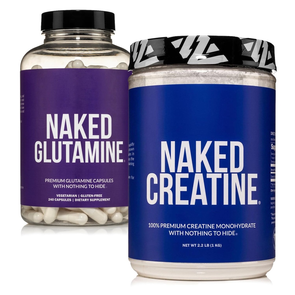 NASked Pure Micronized Creatine Monohydrate 200 Servis + Pure L- Glutamine 240 Bundle: Vegan, Non-GMO, Gluten Free. Tidak ada Buatan