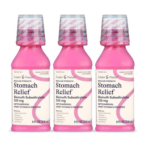 Liquid Relief Foster & Thrive Stomach for Nausea, Heartburn, Indibubble, Upset Stomach, Diare - Bantuan Cepat untuk 5 Gejala, Antidiarrheal, Subsalicylate 525 mg, Asli, 8 oz (Paket 3)