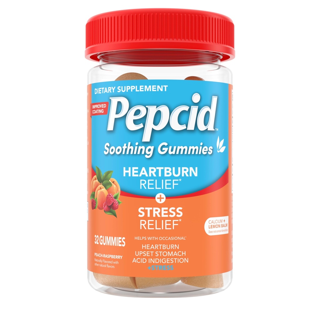 Pepcaid Soothe Antax Gummies, Heartburn Relief + Stress Relief for Occational Heartburn, Upset Stomach, and Acid Indiustable, with Lemon Balm Extract, Trikalsium Pfosfat, Peach-Raspberry, 32 ct