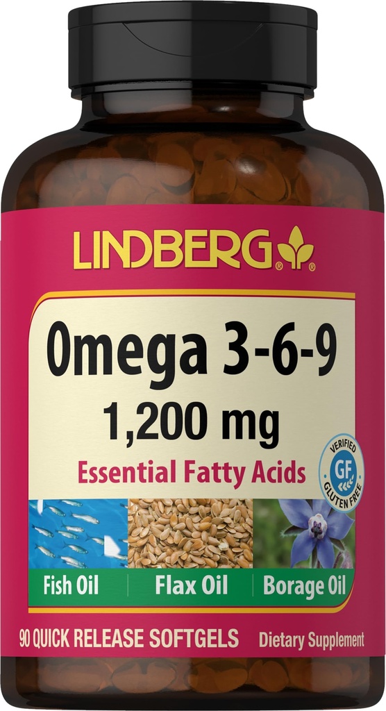 Lindberg Omega 3 6 9 Suplemen 124; 1200 mg 124; 90 Softgeels 12.4; Estile Acids Fatty 124; dengan Fish, Flax, dan Borage Oil 124; Non-GMO, Gluten Free
