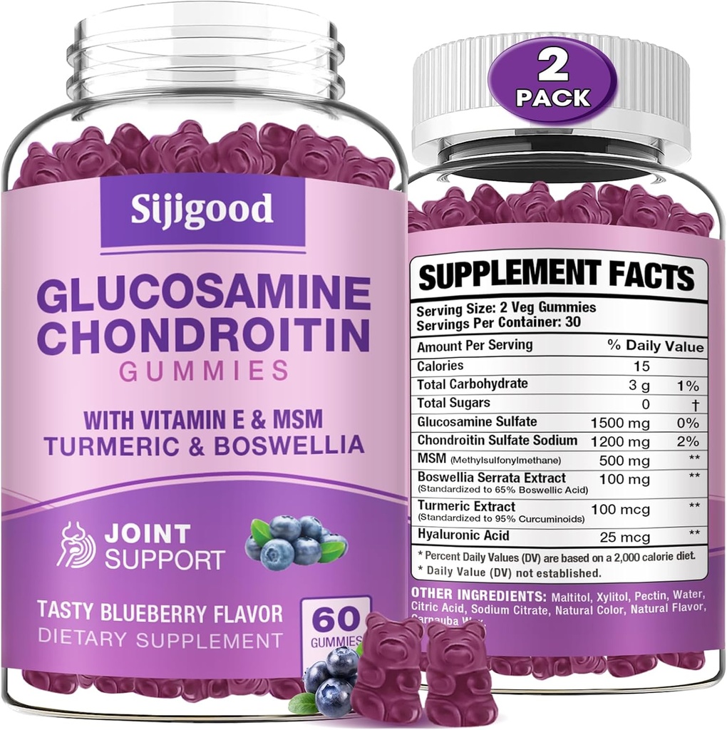 2 Pack Glucosamin Chondroitin Gummies, Ekstra Kekuatan Glucosamin Chondroitin MSM dengan Elderberry & Turmeric, Gabungan Kesehatan, Fleksibilitas, Antioksidant, Imuniune untuk Dewas- Blueberry Flavored, 120 Gummi