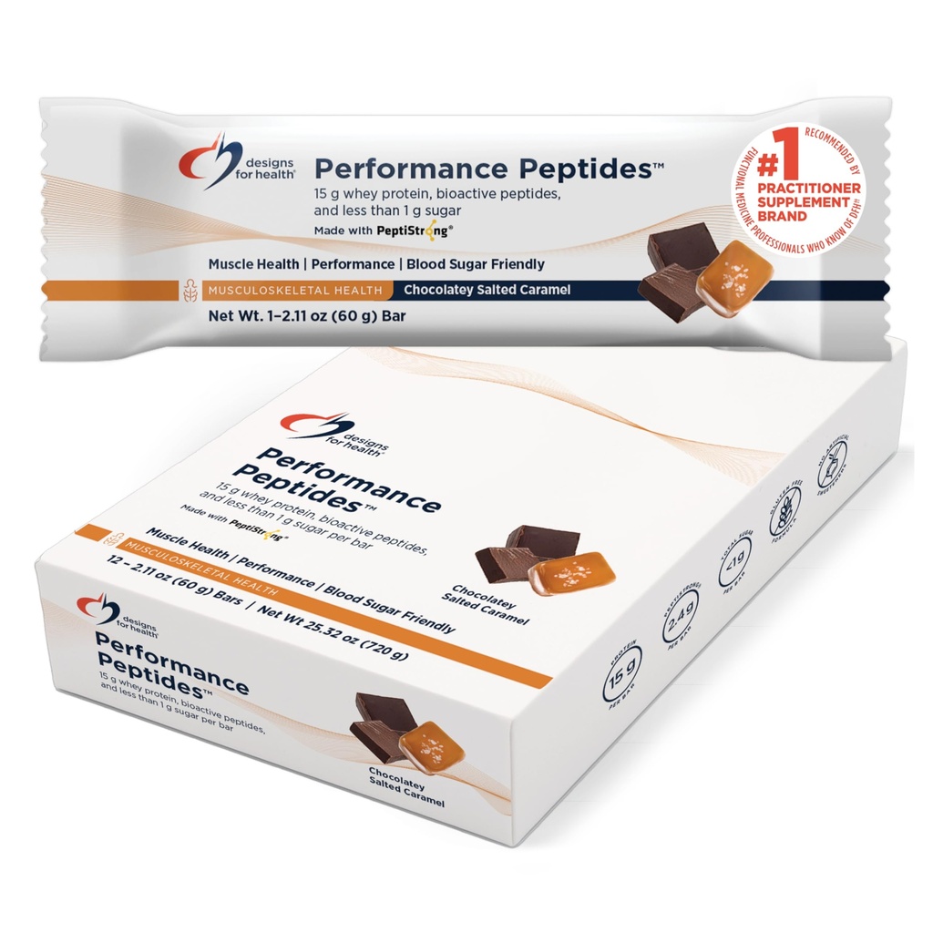 Design untuk Health Performance Peptides Bars (12 Bars) adalah 124; 15 g Whey Protin + 2.4 g PeptiStrong for Muscle & Endurance Duponce - sweeed with Allulosa - Vegetarian, Gluten- Free, Nun-GMO, < 1 g Sugar