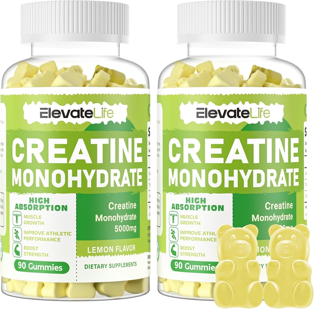 ElevateLife Creatine Monohydrate Gummies 5g for Men Women - Sugar Free Chewable Supplemen. 180 Gummies Lemon
