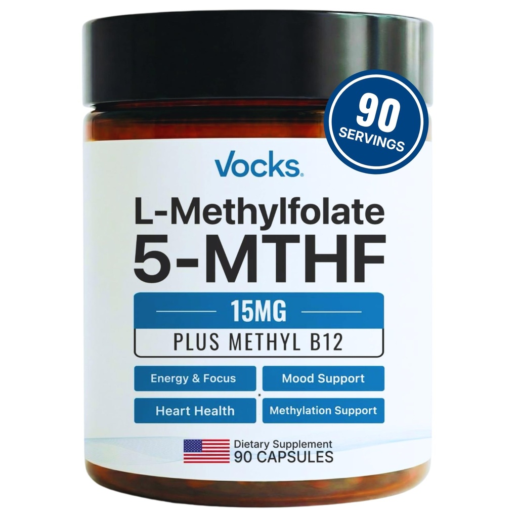Vocks L Methylfolat 15mg 5- MTHF + Methyl B12; Potylfolat Tinggi untuk Suplemen Perempuan & Pria & Laki-Laki 14; Aktif Metholated Faunsin B9; MTHFR Suplemen 124; Felour Tambahan Perempuan & Pria 1490 Kapsul