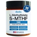 Vocks L Methylfolat 15mg 5- MTHF + Methyl B12; Potylfolat Tinggi untuk Suplemen Perempuan & Pria & Laki-Laki 14; Aktif Metholated Faunsin B9; MTHFR Suplemen 124; Felour Tambahan Perempuan & Pria 1490 Kapsul