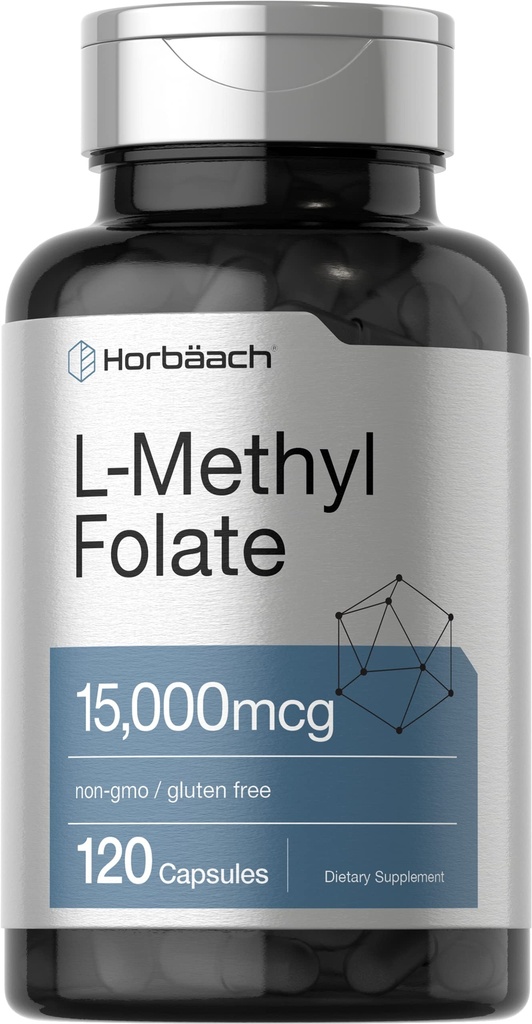 Horbäach L Methylfolat 15000 mcg 124; 120 Capsules 124; 15mg Methyl Fail 124; 5- MTHF = Non-GMO, Gluten Free Suplemen