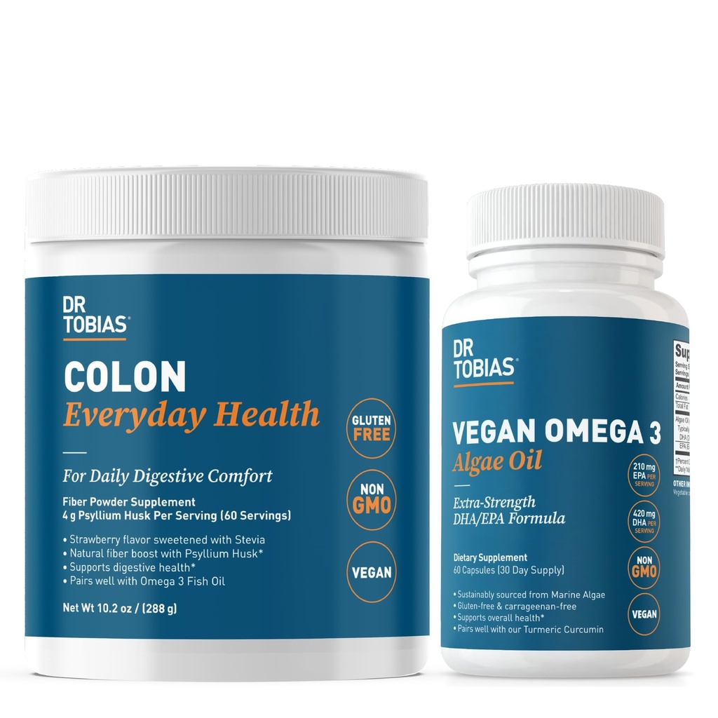 Dr. Tobias Colon Kesehatan Setiap hari & Vegan Omega 3 Algae Oil - Kesehatan Digetical dan Dukungan Kesehatan Harian dengan Psyllium Husk dan DHA EPA Omega 3, Vegan, Non- GMO