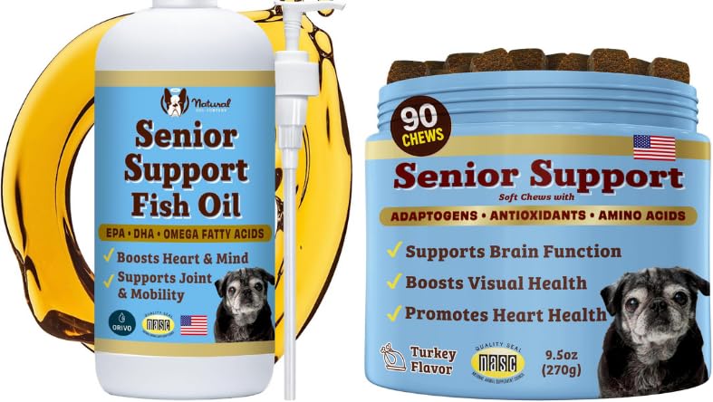 Natural Dog Bundle - Omega 3 Fish Oil Liquid 16oz & Senior Wellness Chews 90ct - Dukung Mobility, Brain, Heart & Eye Health with Turmeric, Salmon, Lion 's Mane & Omega- 3s