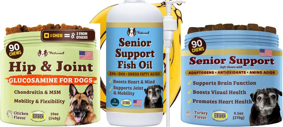 Bundle Dog Dog Natural - Omega 3 Fish Oil 16oz + Senior Wellness Chews 90ct + Hip & Jowing 90ct - Dukung Joints, Brain, Heart, Eyes, Skin & Mobility with Omega- 3s, Lion 's Mane & G