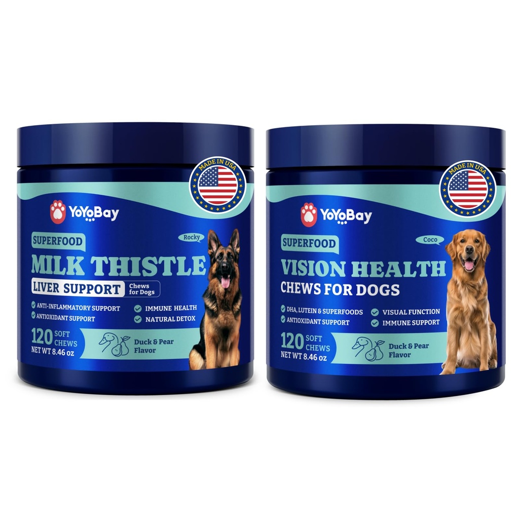 Dog Eye and Liver Wellness Bundle - Vision Dukung Chews with Antioksidants and Omega-3s Plus Milk Thistle Liver Detox Chews with NAC and Curcumin - Natural Daily Health Support for Dogs of All Breeds