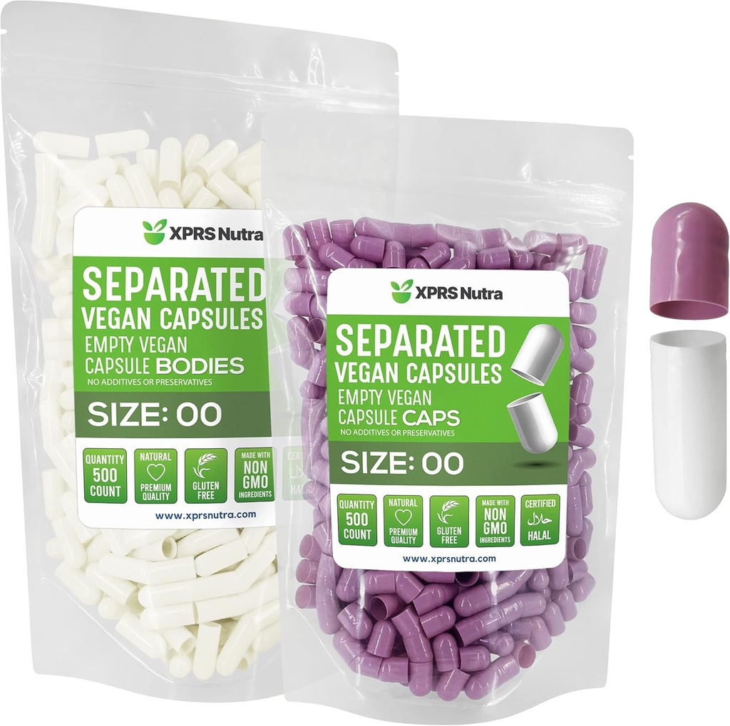 XPRS Nutra Vegan Ukuran 00 Terpisah Kapsul - 500 Count Premium Kosong Kapsul Terpisah di Bags - 00 Pil Kosong untuk Tambahan DIY (Lavender / Putih)