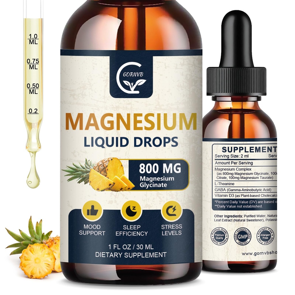 (2 Kemas) Magnesium Glycinate Liquid Drops 1200; 10000mg Liquid Magnesium Complex dengan D3, L3, Thea & GABA for Energy, Sleep, Nerve and Heart Health, Hiburan Tinggi, Pineapple Flavor